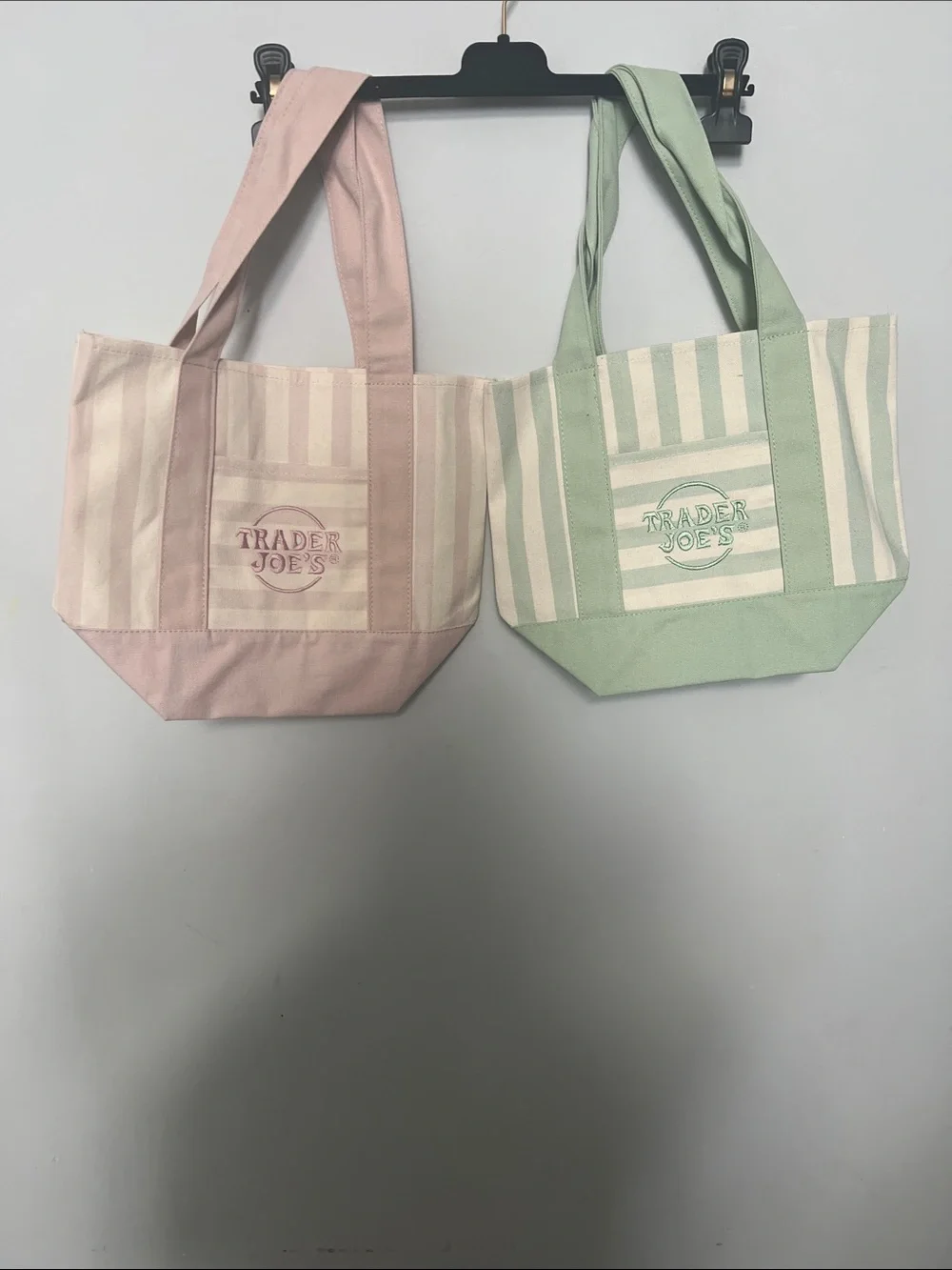 Trader Joe's Mint Green & Light Pink Striped Mini Canvas Tote Bags